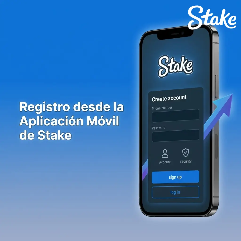 Registro en la app móvil de Stake con pasos para crear cuenta, ingresar datos y activar promociones