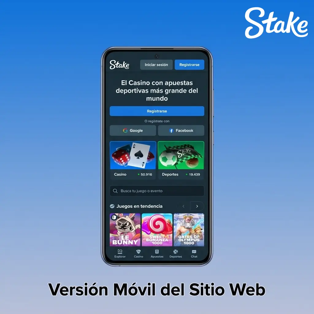 Versión móvil del sitio Stake accesible desde cualquier navegador sin instalación, compatible con todos los dispositivos móviles