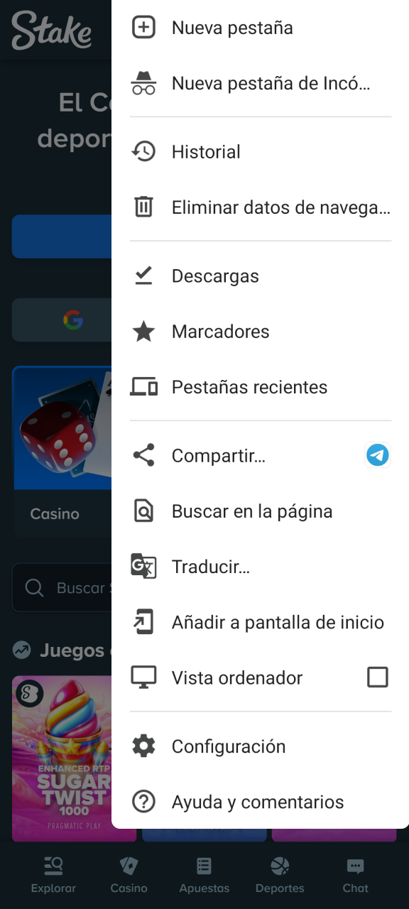 Accede al menú del navegador tocando los tres puntos situados en la esquina superior de la pantalla para configurar el acceso a Stake.