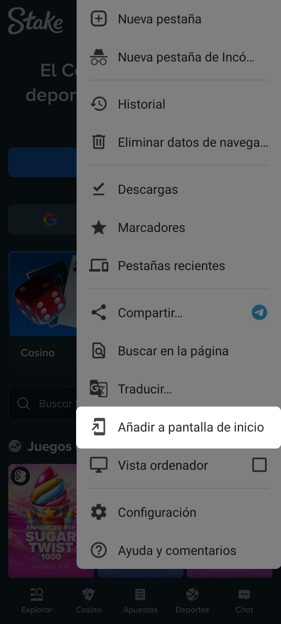 Añade el acceso directo a tu pantalla de inicio para crear al instante una PWA de Stake.