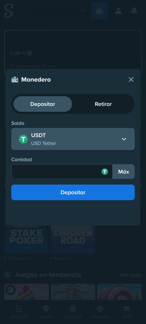 Realiza tu ingreso mediante una transferencia de criptomonedas o utilizando los métodos de pago locales disponibles en Stake.