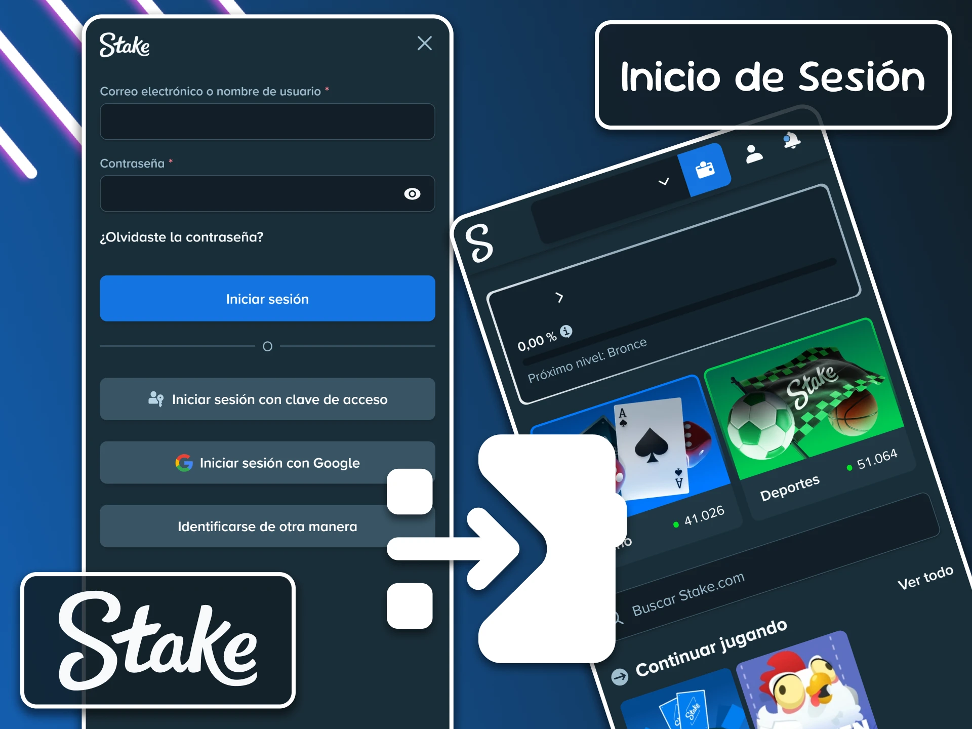 Inicia sesión en la aplicación Stake introduciendo tu nombre de usuario o tu código de autenticación de dos factores.