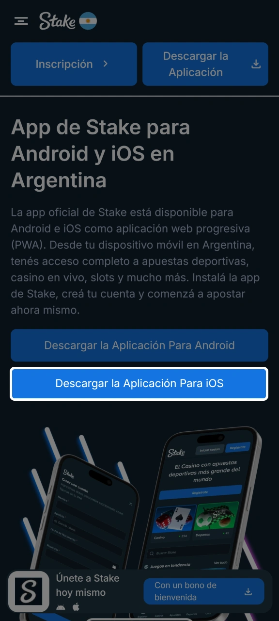 Pulsa el botón Descargar para iOS para empezar a usar Stake.