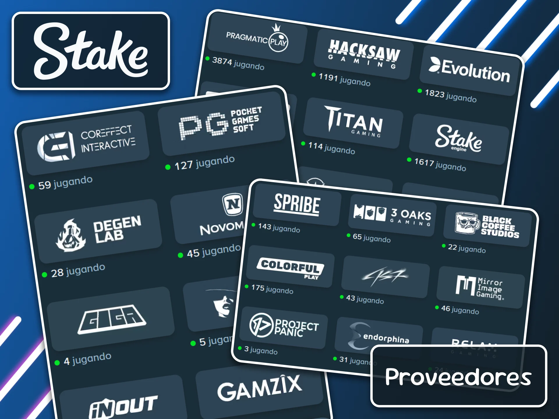 Disfruta en Stake de los juegos desarrollados por los principales proveedores de juegos de casino, como Pragmatic Play y Evolution.